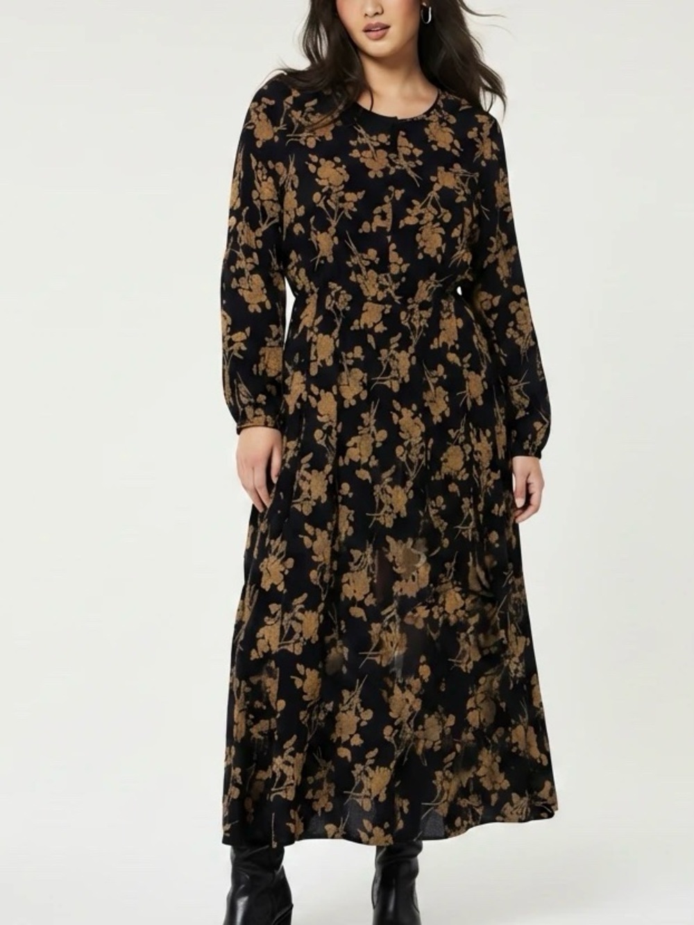 Black and Gold Floral Mdi Long Sleeve Dress